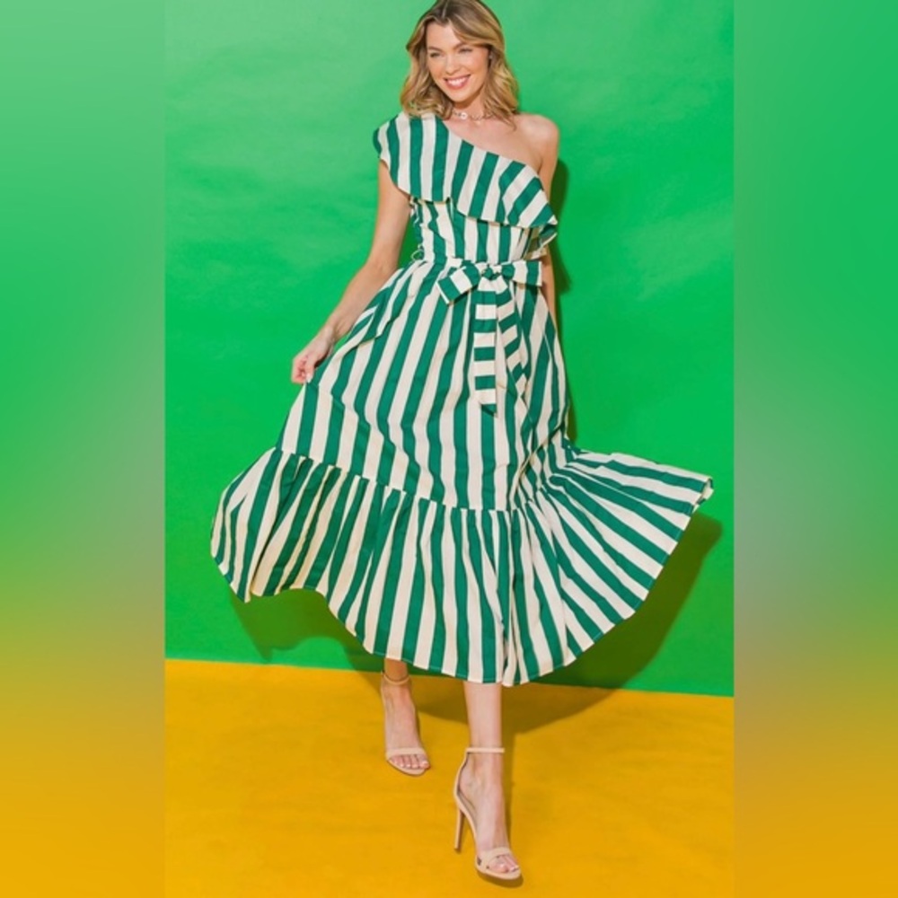 Flying Tomato green and white striped midi belted dress size medium